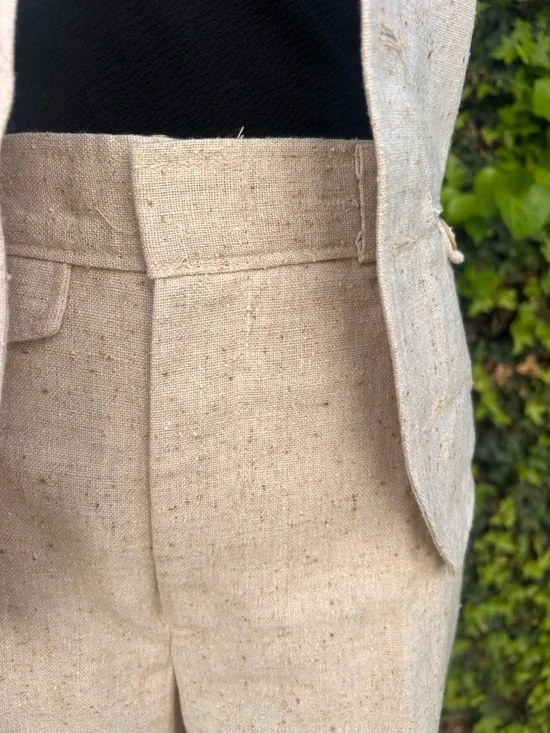 Vintage 70s Pantsuit High Waist Wide Leg Flared Cotton Textured Cream Neutral - Picture 6 of 12